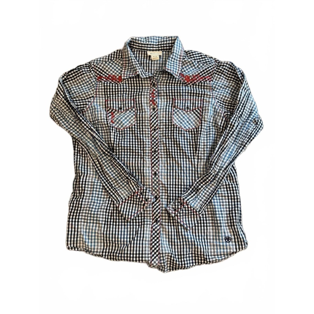 Blue Ariat Western Style Gingham Button-Up Shirt, Red Embroidered American Rose - Picture 1 of 9